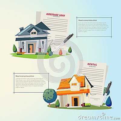 Beautiful house with mortgage application form, loan form. agree Vector Illustration