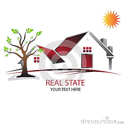 House Home Logo. red house. sun & green tree Stock Photo