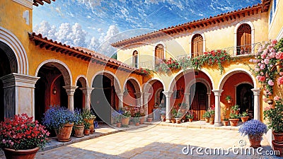 Beautiful house surrounded by flowers, mediterranean architecture oil painting on canvas Cartoon Illustration