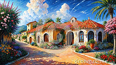 Beautiful house surrounded by flowers, mediterranean architecture oil painting on canvas Cartoon Illustration