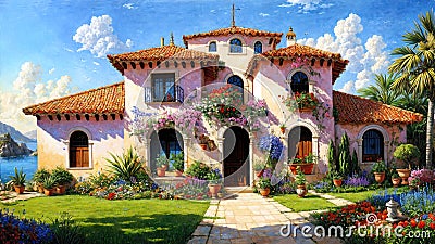 Beautiful house surrounded by flowers, mediterranean architecture oil painting on canvas Cartoon Illustration