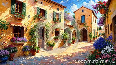 Beautiful house surrounded by flowers, mediterranean architecture oil painting on canvas Cartoon Illustration