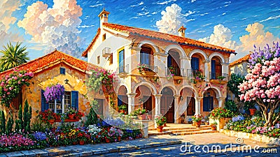 Beautiful house surrounded by flowers, mediterranean architecture oil painting on canvas Cartoon Illustration