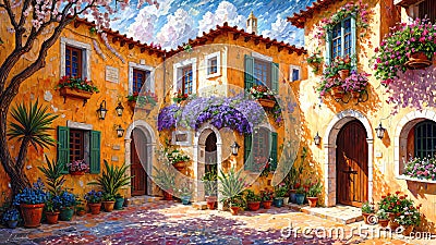 Beautiful house surrounded by flowers, mediterranean architecture oil painting on canvas Cartoon Illustration