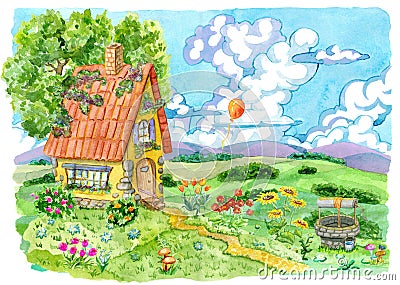 Beautiful house with well, tree and garden flowers against the summer field and balloon in sky Cartoon Illustration
