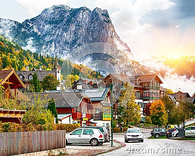 Beautiful houses in Brauhof village on the lake Grundlsee. Stock Photo