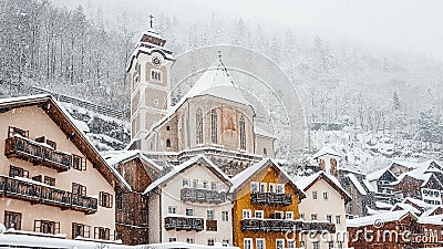 Picturesque old town of Hallstatt, Austria in winter. Editorial Stock Photo