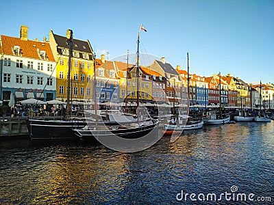 Beautiful houses and ships along the Nyhavn Canal. Denmark, Copenhagen. Editorial Stock Photo