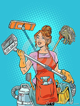 A beautiful housewife girl organizes cleaning and life in her house for the whole family and herself. Multitasking Cartoon Illustration