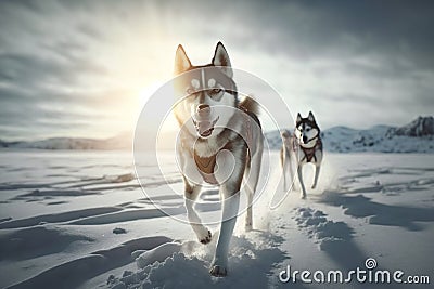 Beautiful husky, two sledding sports northern dogs in snowy steppe on sunny winter day. Generative AI Stock Photo