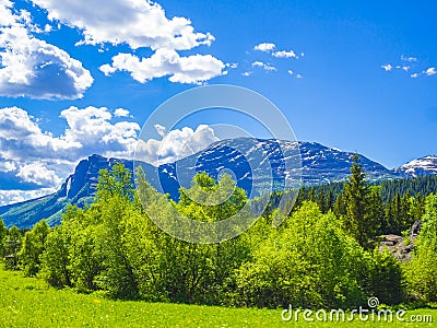 Beautiful Hydnefossen and VeslehÃ¸dn mountain panorama Norway Hemsedal Stock Photo