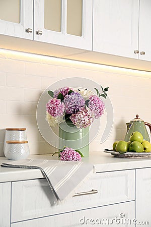 Beautiful hydrangea flowers and apples on light countertop Stock Photo