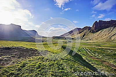 Beautiful iceland landscape with mountains and blue sky Stock Photo