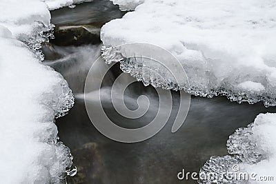 Beautiful icicles and snow near the creek Stock Photo