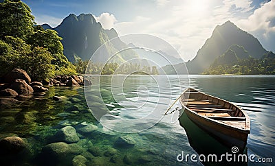 Beautiful iconic Thailand landscape with mountains, sea, fisherman boat and ancient temples at early morning lights Stock Photo