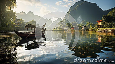 Beautiful iconic Thailand landscape with mountains, sea, fisherman boat and ancient temples at early morning lights Stock Photo