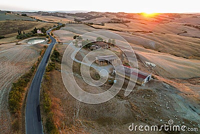 Beautiful idyllic late summer landscape of Toscana with plants, hills, trees, farm and fields. Sunny evening or morning in Italy. Editorial Stock Photo