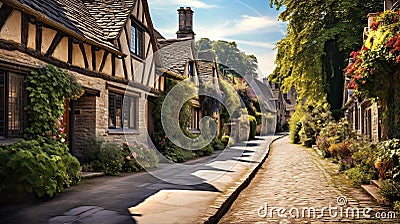 Beautiful idyllic old English village street with cottages made of stone and front garden with flowers Stock Photo