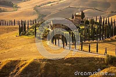Beautiful idyllic sunny late summer landscape of Toscana with house, hills, trees and fields. Editorial Stock Photo