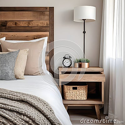 Bedside cabinet next to bed: rustic cabinet next to bed with beige pillows farmhouse interior design of contemporary bedroom Cartoon Illustration