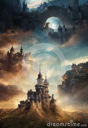 A beautiful illustration of castle in fantasy world, beautiful view as a background , historical building Cartoon Illustration