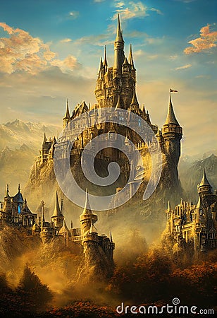 A beautiful illustration of castle in fantasy world, beautiful view as a background Cartoon Illustration