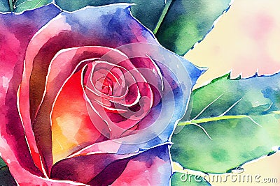 A beautiful illustration of a close-up view of a rose flower, with delicate petals in shades of pink and red, generative Cartoon Illustration
