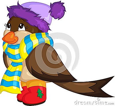 Color illustration of a cute little sparrow, dressed for winter, with boots, scarf and hat, for children`s book or Christmas card Vector Illustration