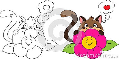 Before and after illustration of a cat, hiding behind a flower, for children`s coloring book, Easter or Valentine`s Day card Vector Illustration