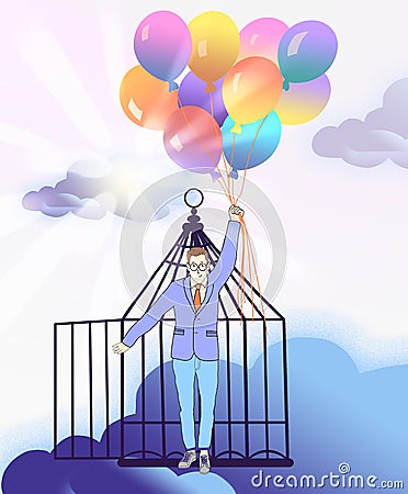 Illustration demonstrating sense of freedom. Man with bunch of balloons leaving cage Cartoon Illustration