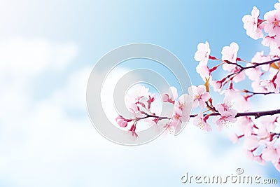 Beautiful image of branches of pink cherry blossoms and fluttering butterflies against a blue sky with clouds on bright sunny day. Stock Photo