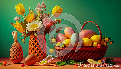 Egg-citing Easter Decor: Tulips and Colorful Eggs in a Garden Setting- ai generated Stock Photo