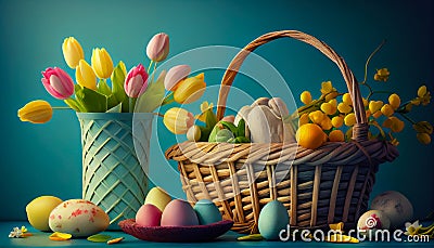 Egg-citing Easter Decor: Tulips and Colorful Eggs in a Garden Setting- ai generated Stock Photo