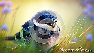 A Sunny Day's Rest: A Charming Little Swallow in Lush Green Grass. Generative AI Stock Photo