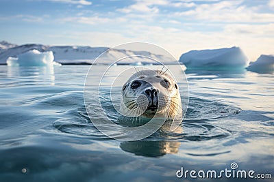 Beautiful image of a cute little white seal, pusa, in its natural habitat in the arctic ocean Stock Photo