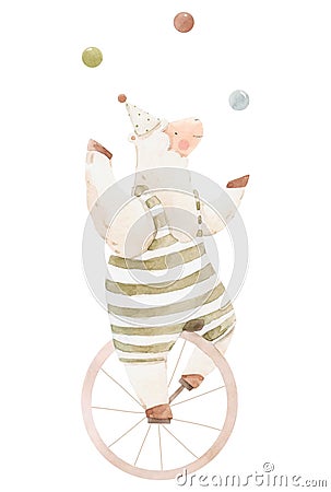 Beautiful image with cute watercolor hand drawn circus animal. Sheep juggle on unicycle. Stock illustration for birthday Cartoon Illustration