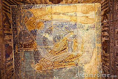 Beautiful image of Egyptian Goddess Nut devouring the sun in ancient Temple of Hathor in Egypt Stock Photo