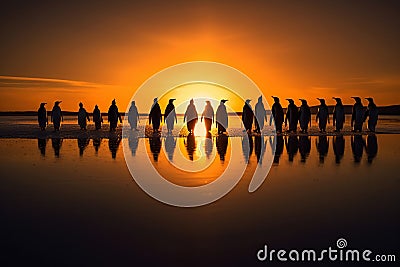 Beautiful image of emperor penguins walking on the beach at sunset. Amazing Wildlife. Generative Ai Stock Photo