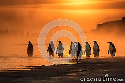 Beautiful image of emperor penguins walking on the beach at sunset. Amazing Wildlife. Generative Ai Stock Photo