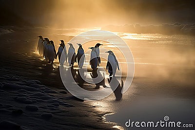 Beautiful image of emperor penguins walking on the beach at sunset. Amazing Wildlife. Generative Ai Stock Photo