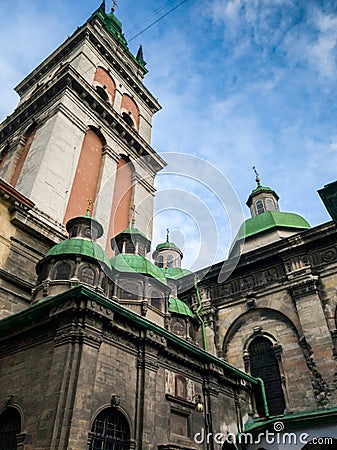 Beautiful image of the old cathedral and church rooftops at small european town Stock Photo