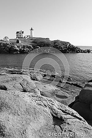 Tones of black and white in image of Maine`s beloved Nubble Lighthouse, York Maine, 2018 Editorial Stock Photo