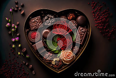 Beautiful Image of a Wooden Table Set with Chocolates and Flowers for a Valentine`s Day Celebration. Ai generated art Stock Photo