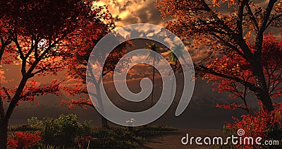 Beautiful imaginary forest during sunset or sunrise Stock Photo