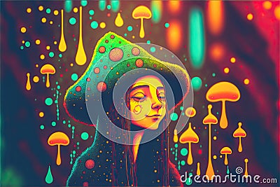 A beautiful imaginary girl, a mushroom fairy in a dream world. Psychedelic art. Generative ai illustration Cartoon Illustration