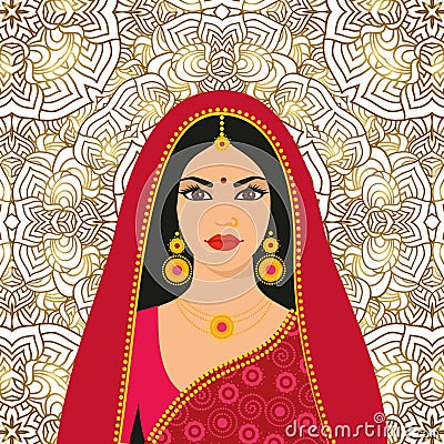 Beautiful Indian brunette young woman in colorful sari. Vector Illustration