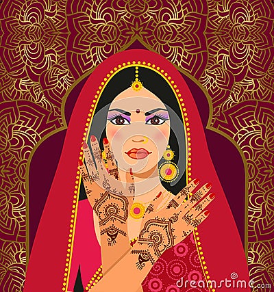 Beautiful Indian brunette young woman in sari. Hands with mehndi pattern Vector Illustration