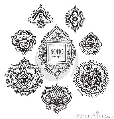 Beautiful Indian floral ornaments. Set of Ornamental Boho Style flowers and elements. Vector Illustration
