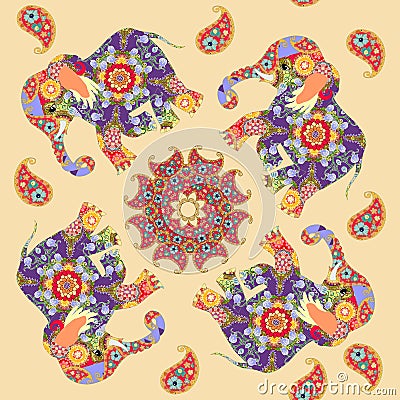 Beautiful indian seamless print with mandala, paisley and elephants Stock Photo