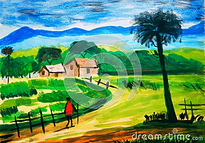 Beautiful Indian village sketch Stock Photo